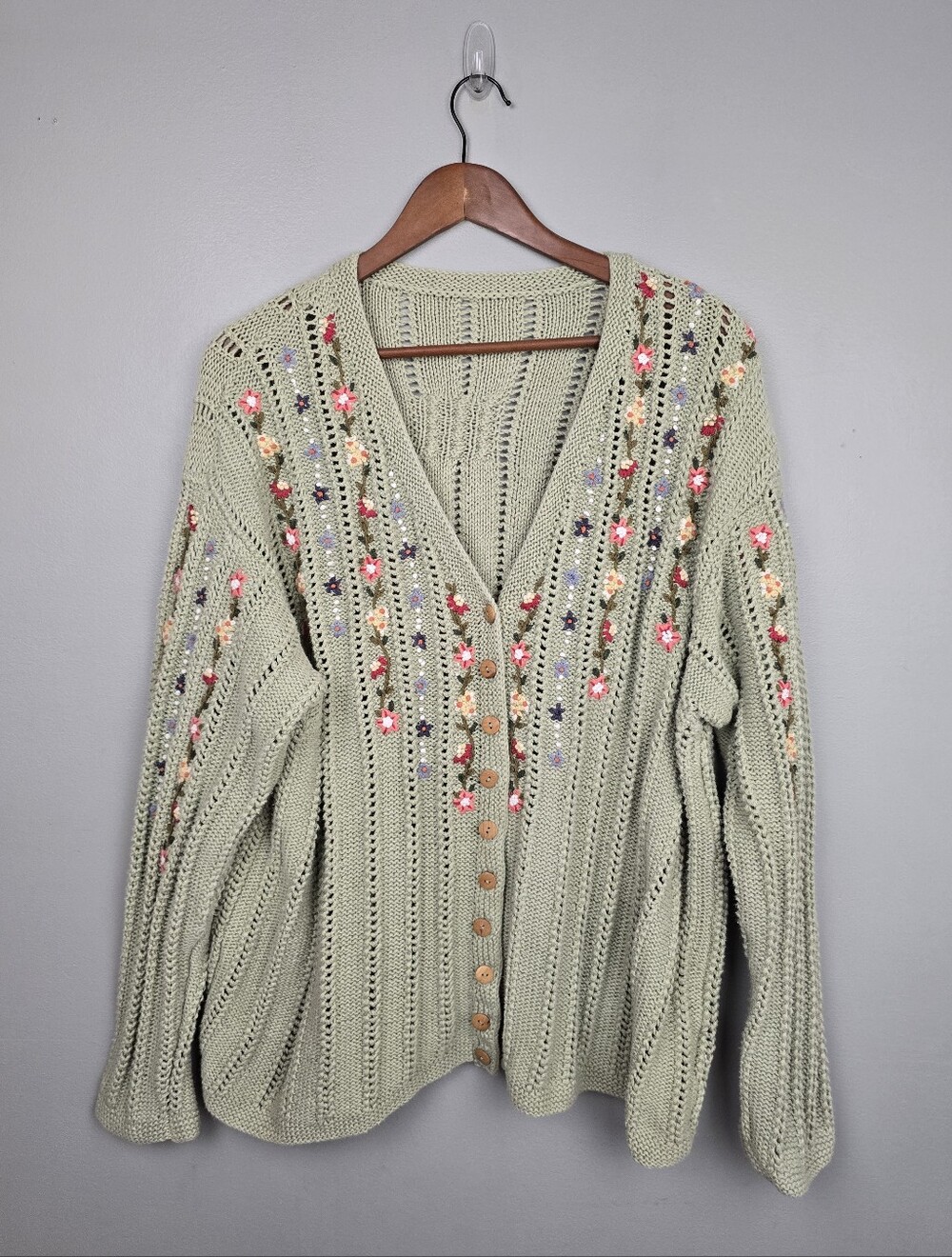 Vintage Marisa Christina Floral Embroidered Knitted Cardigan Green Women Sz 2X